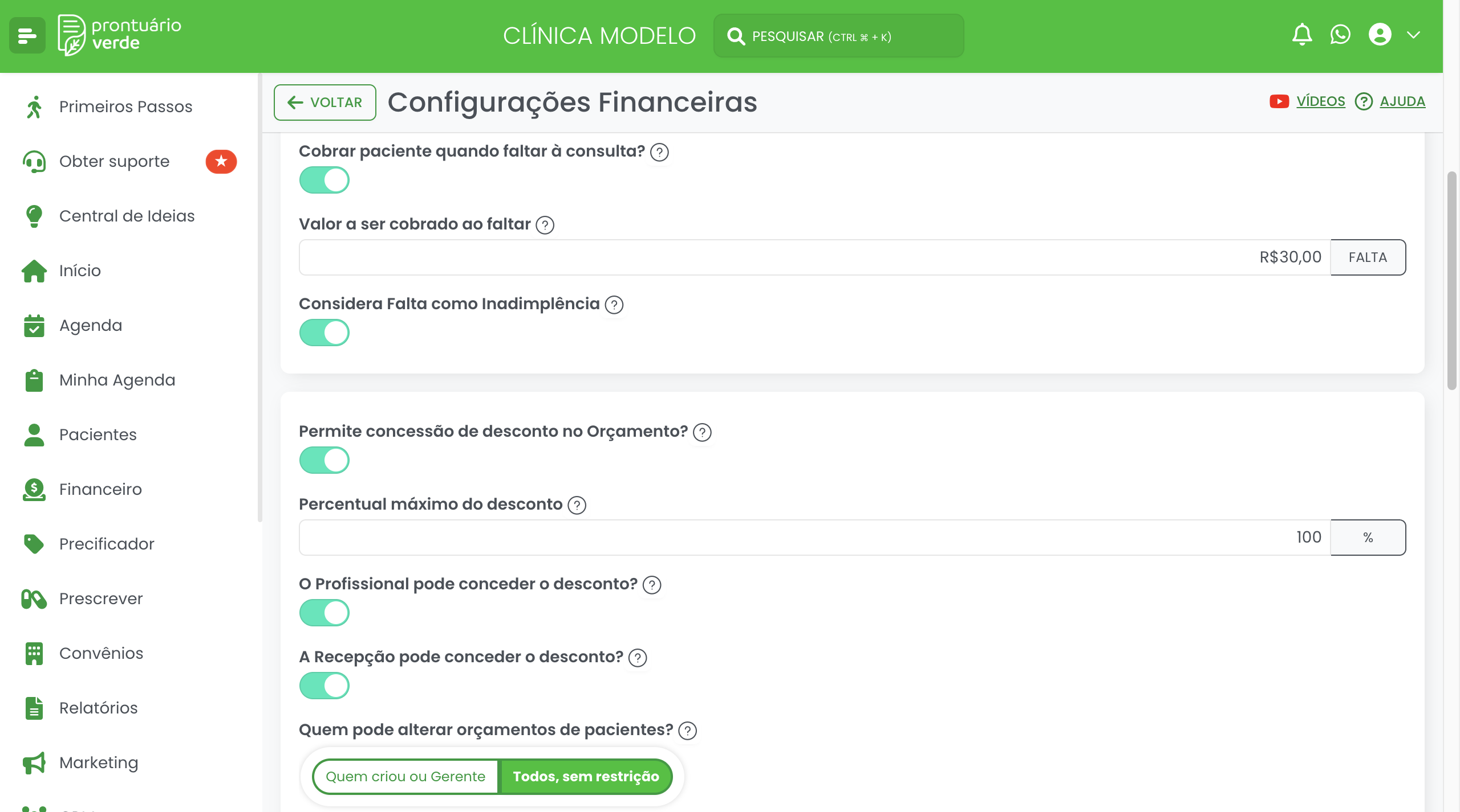 Tela Configurações Financeiras do Prontuário Verde com as opções: cobrar paciente quando faltar à consulta, valor a ser cobrado ao faltar e considera falta como inadimplência