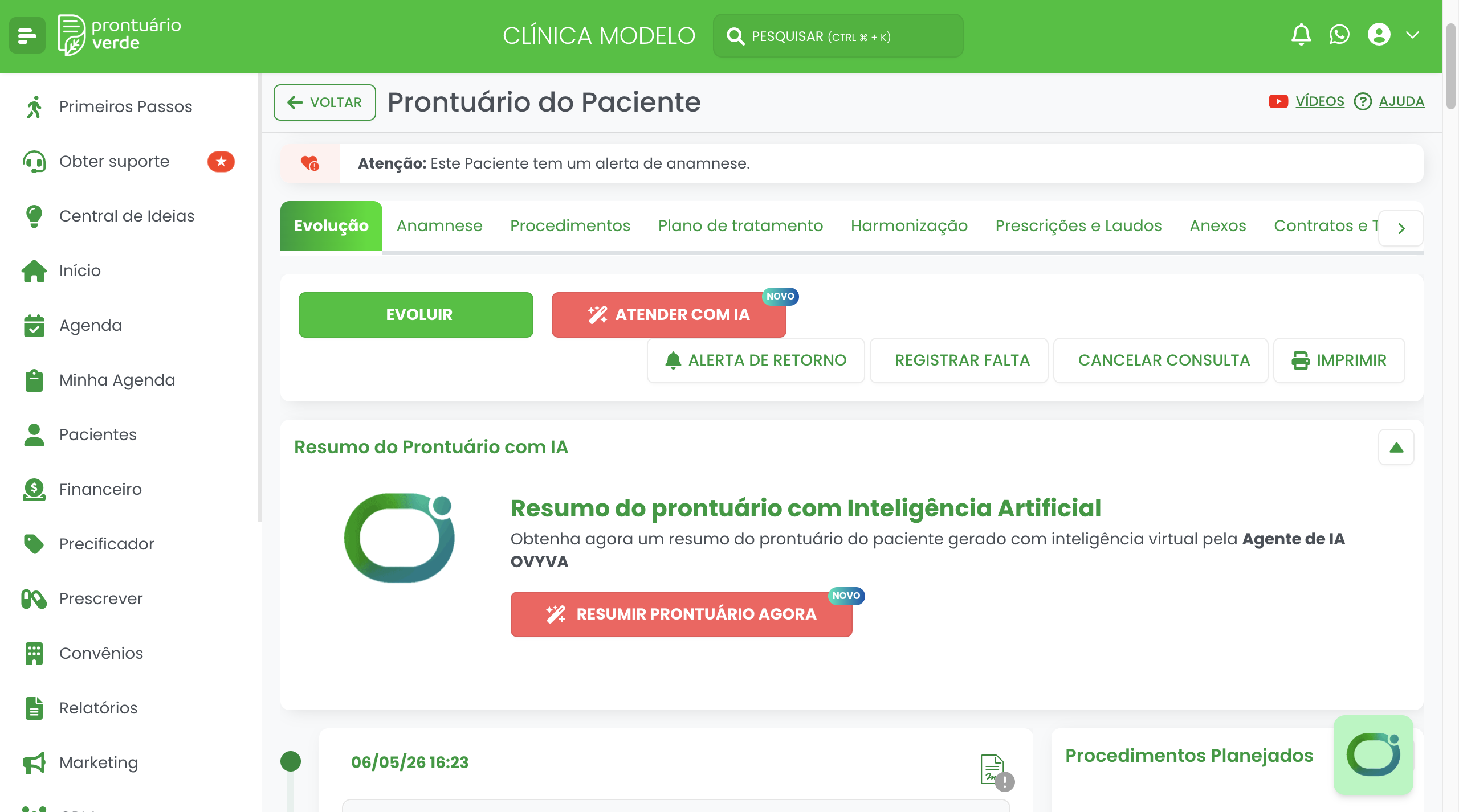 Prontuário do paciente no Prontuário Verde com o botão Registrar Falta ao lado de Alerta de Retorno e Cancelar Consulta