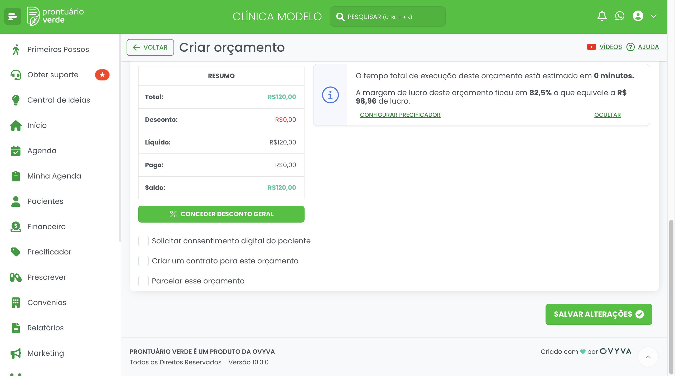 Resumo do orçamento no Prontuário Verde com total, desconto, líquido, pago, saldo e o botão Conceder Desconto Geral