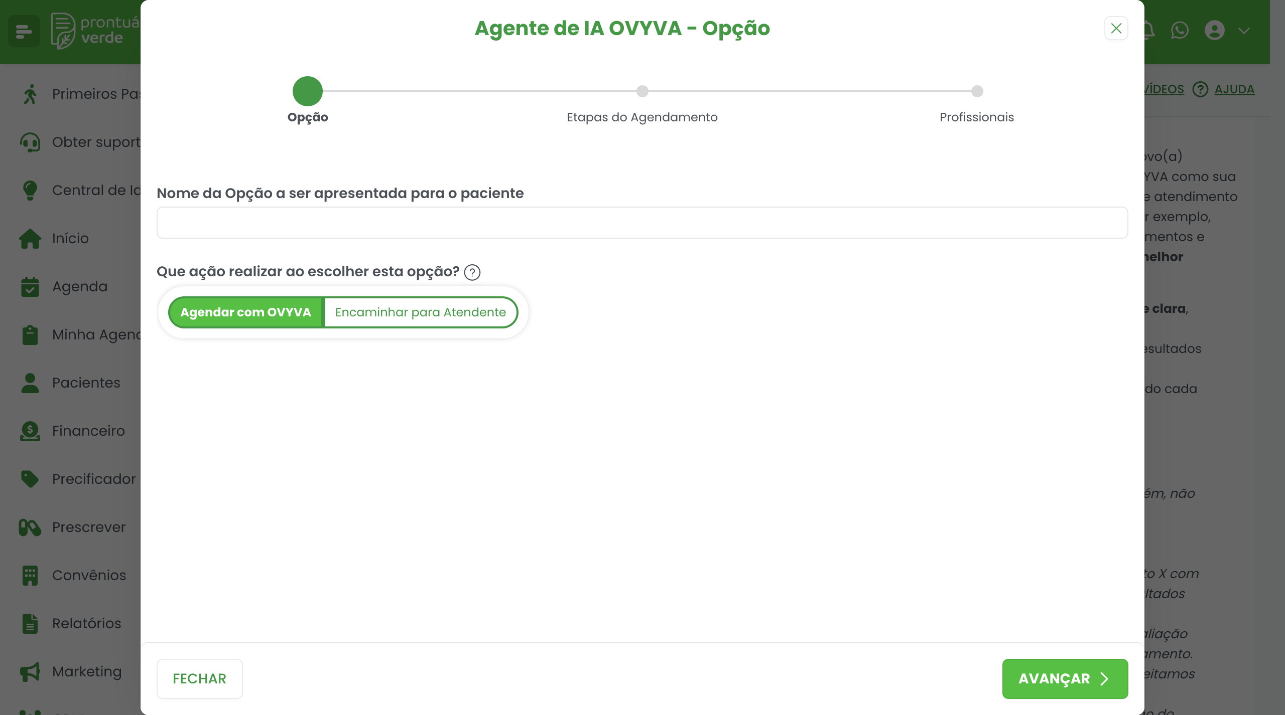 Janela Agente de IA OVYVA Opção com os passos Opção, Etapas do Agendamento e Profissionais, o nome da opção e a ação Agendar com OVYVA ou Encaminhar para Atendente