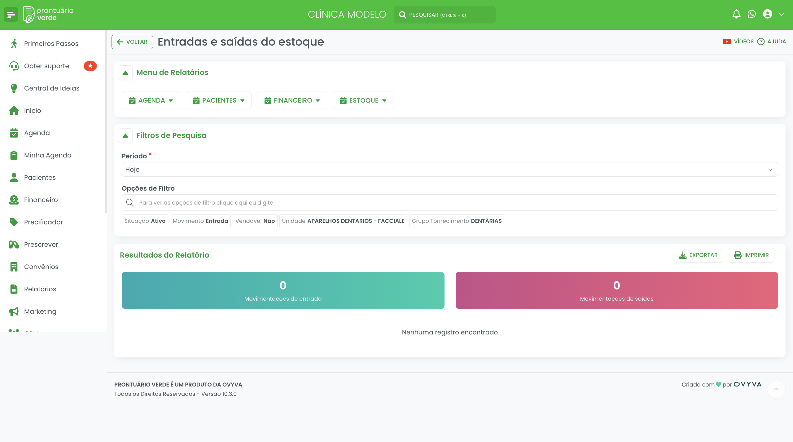 Relatório Entradas e Saídas do Estoque do Prontuário Verde com os indicadores Movimentações de entrada e Movimentações de saídas