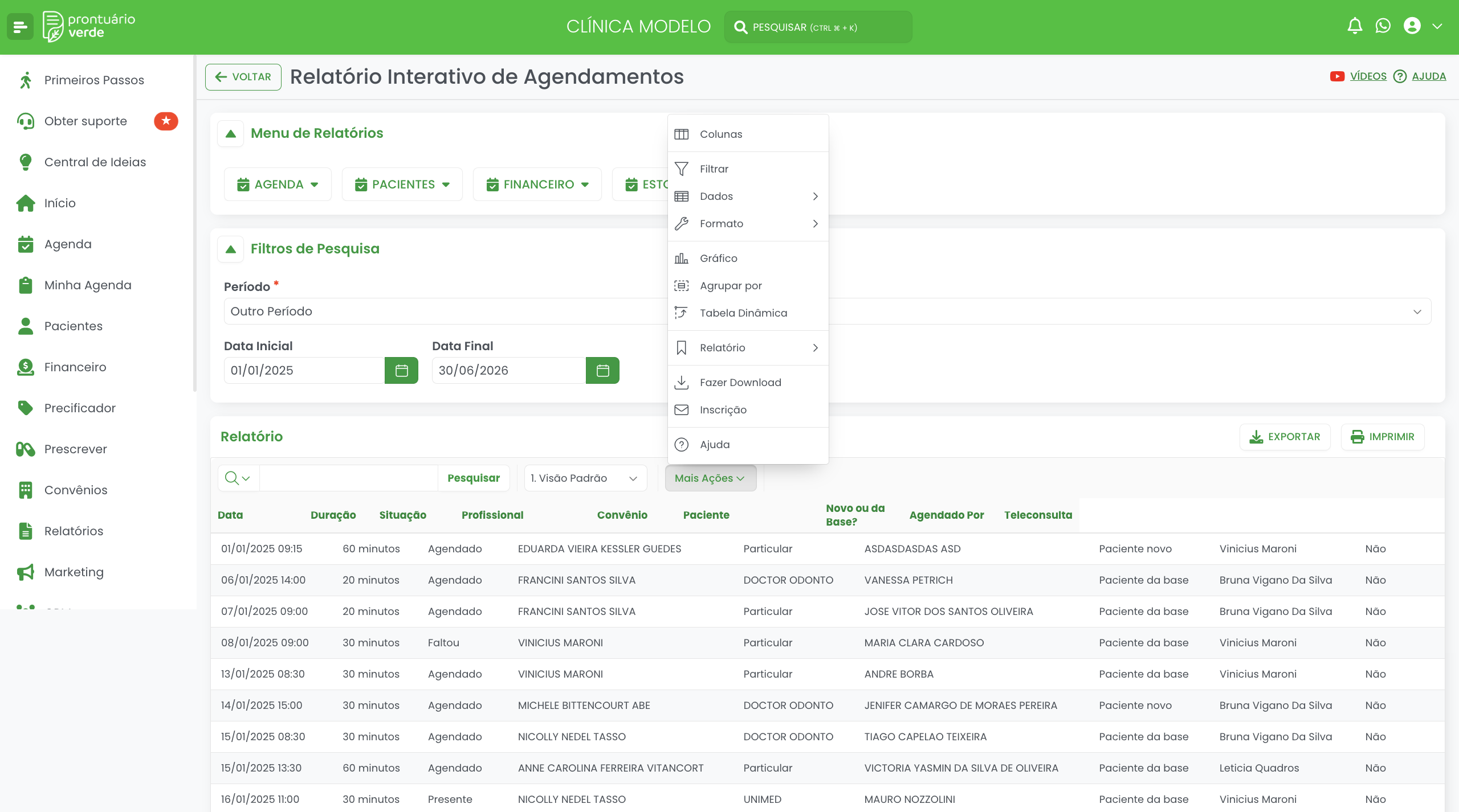 Relatório Interativo de Agendamentos do Prontuário Verde com a grade de dados e o menu Mais Ações aberto mostrando Filtrar, Dados, Formato, Agrupar por, Relatório, Fazer Download e Inscrição