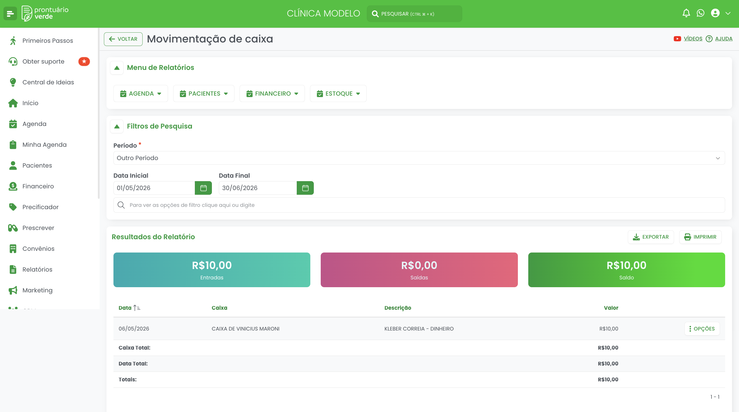 Relatório Movimentação de Caixa do Prontuário Verde com os indicadores Entradas, Saídas e Saldo e a tabela com as colunas Data, Caixa, Descrição, Responsável Fiscal e Valor