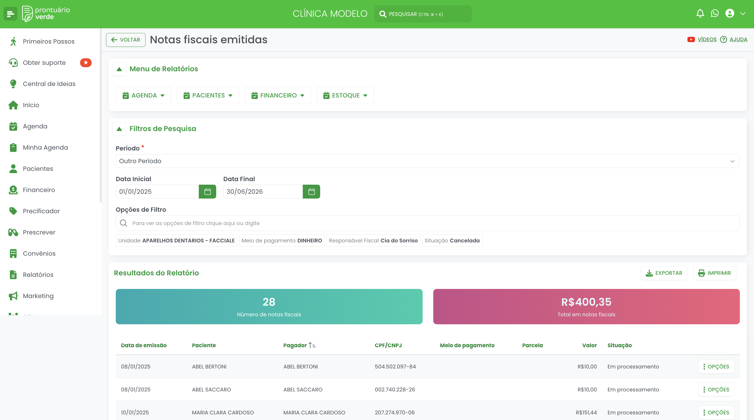 Relatório Notas Fiscais Emitidas do Prontuário Verde com os indicadores Número de notas fiscais e Total em notas fiscais e a tabela com Data de emissão, Paciente, Pagador, CPF/CNPJ, Tipo Pessoa, Meio de pagamento, Parcela, Valor e Situação