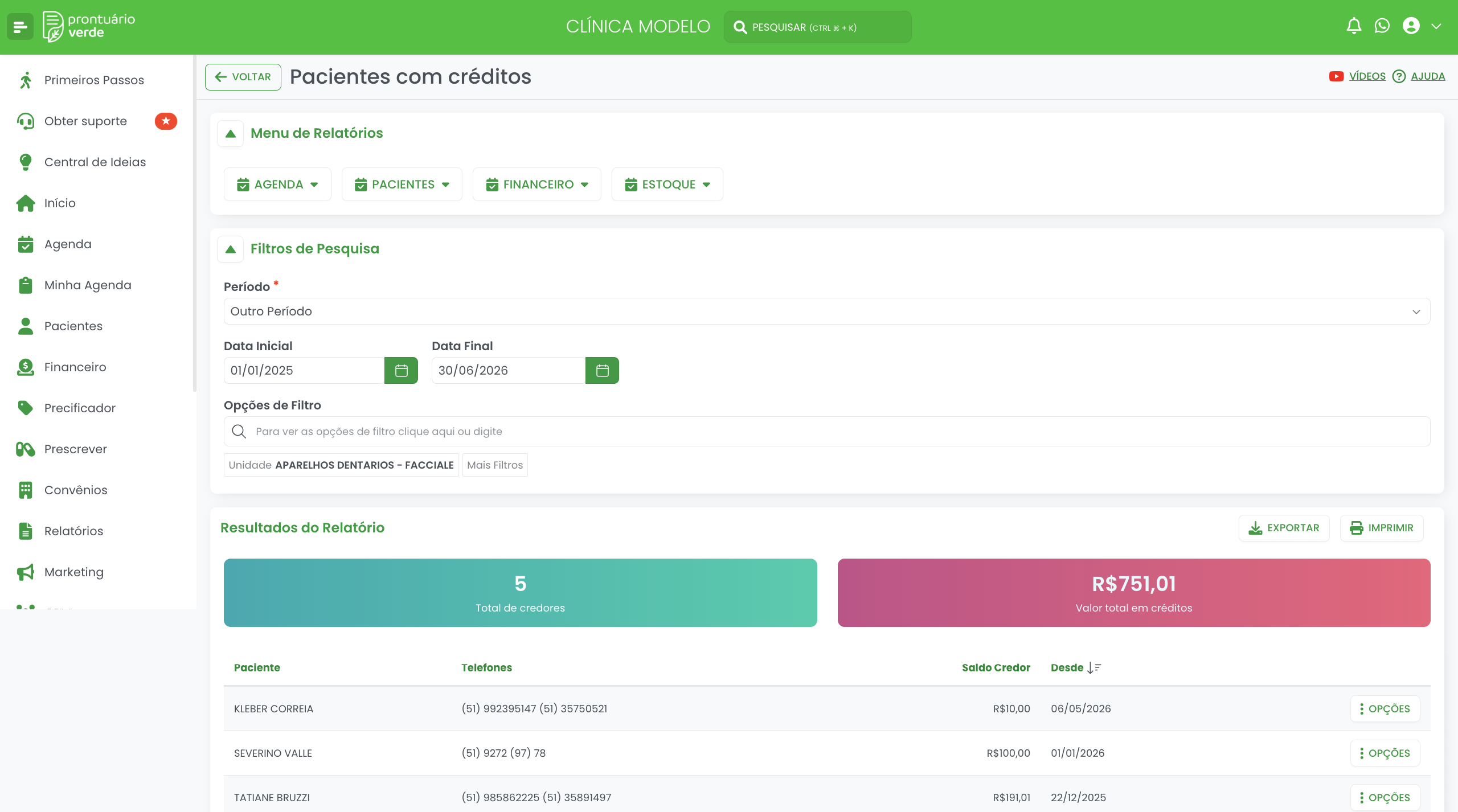 Relatório Pacientes com Créditos do Prontuário Verde com os indicadores Total de credores e Valor total em créditos e a tabela com Paciente, Telefones, Saldo Credor e Desde