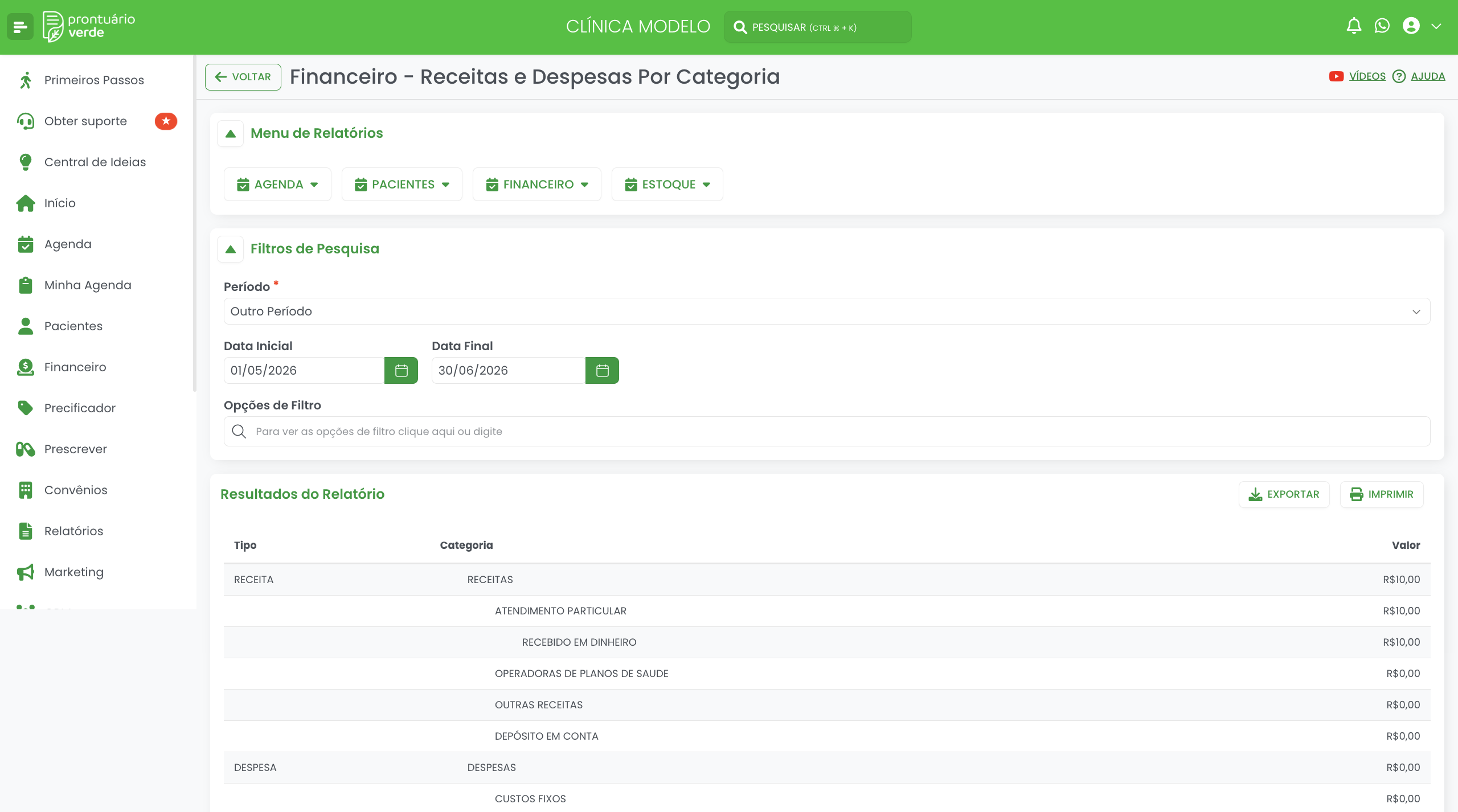 Relatório Receitas e Despesas por Categoria do Prontuário Verde com a árvore hierárquica de categorias do plano de contas e valores por categoria