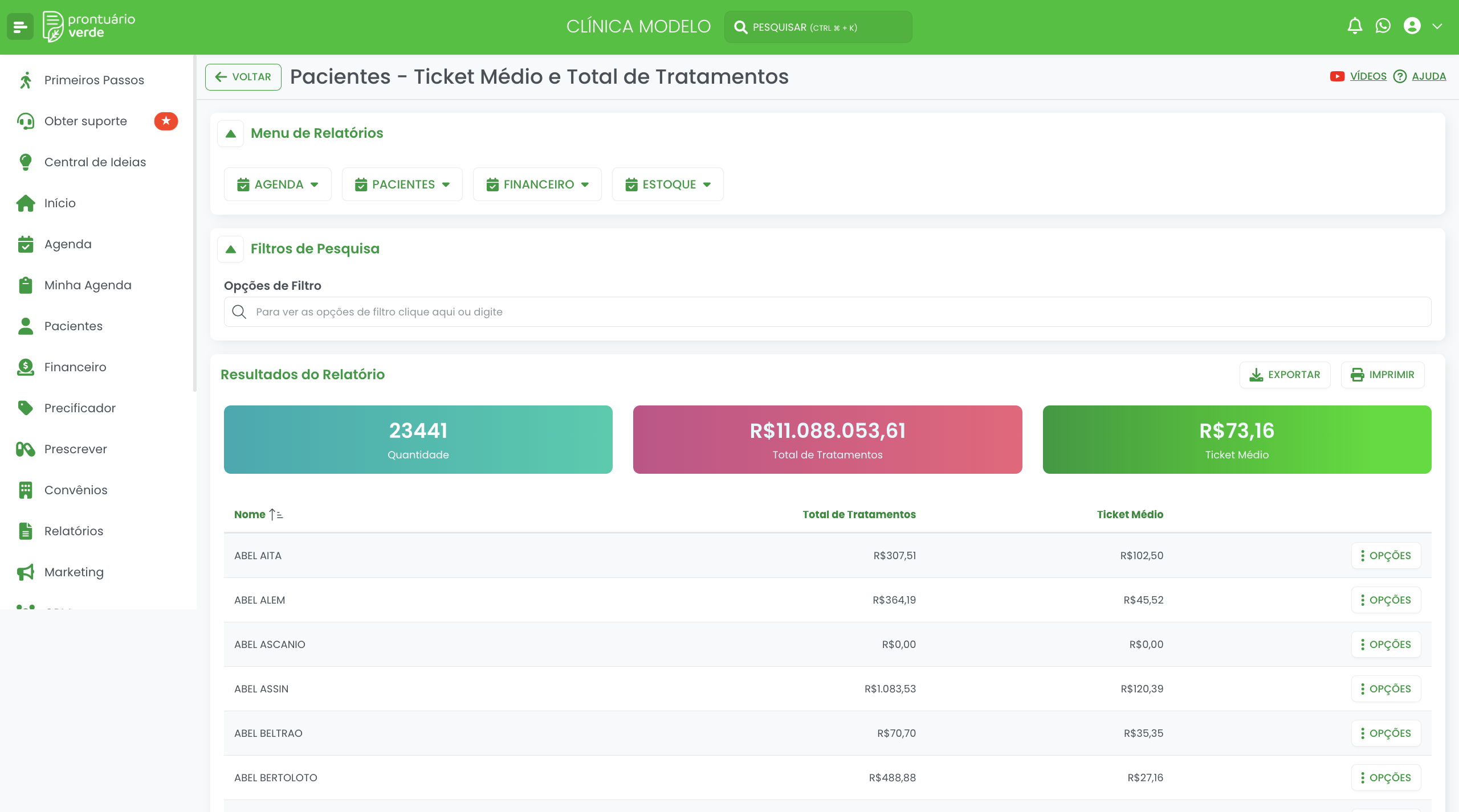 Relatório Ticket Médio e Total de Tratamentos do Prontuário Verde com os indicadores Quantidade, Total de Tratamentos e Ticket Médio e a tabela com Nome, Total de Tratamentos e Ticket Médio