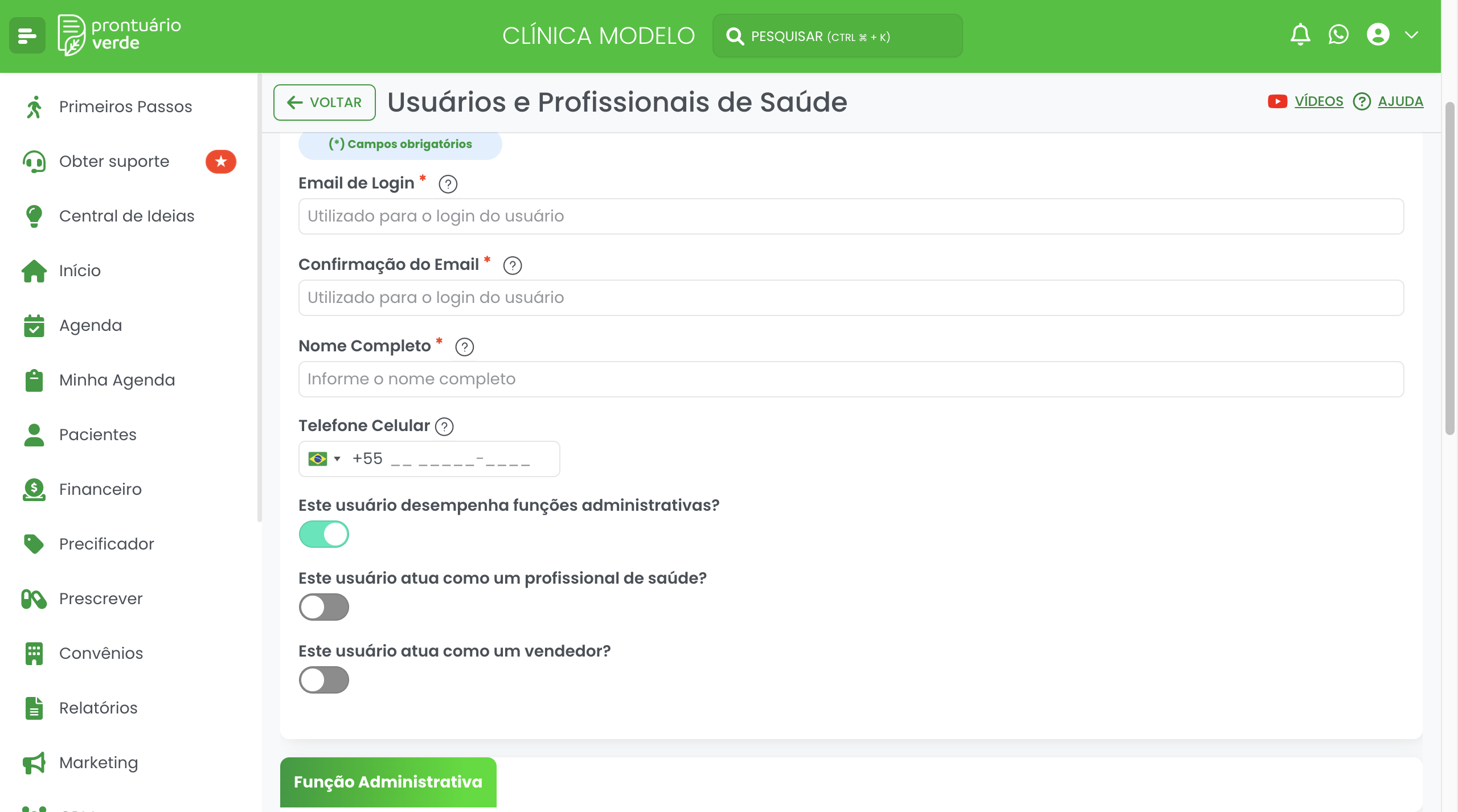 Tela de criação de usuário com a pergunta de funções administrativas ativada, revelando as opções Atua na Recepção, Atua como Gerente e os interruptores de permissões finas
